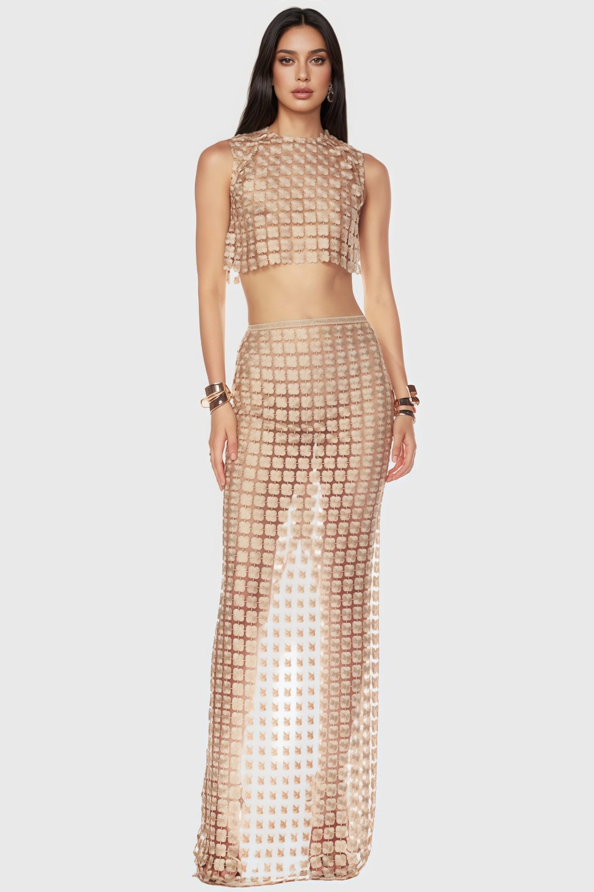 Noelle Sheer Plaid Fishtail Maxi Dress Two Piece Set