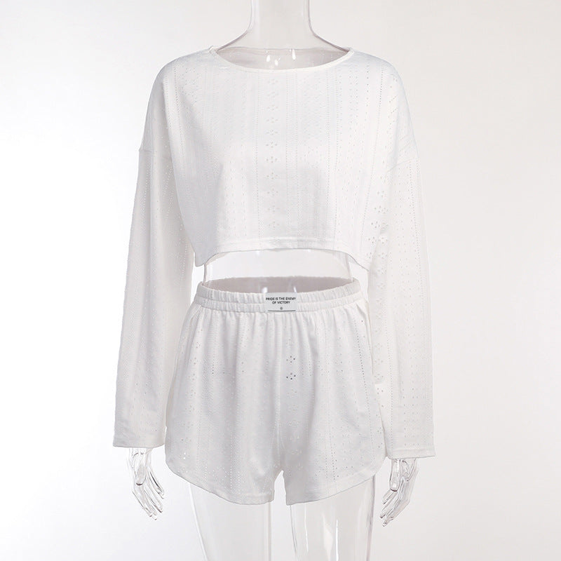 Autumn Simple Slim Fit Loose Pullover Top Shorts Set