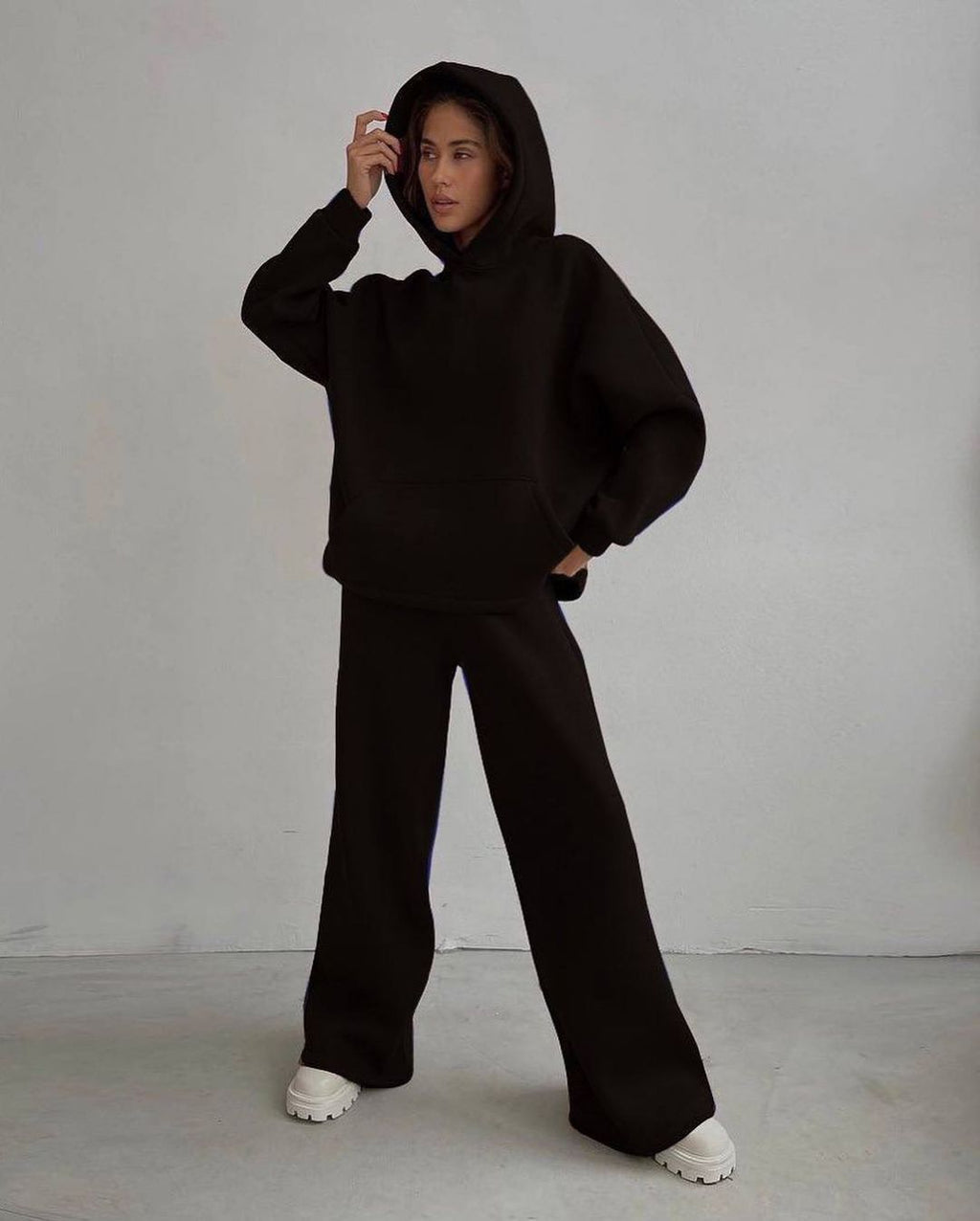 Autumn Winter Loose Exercise Hooded Sweater Set Straight Leg Pants Two Piece Set