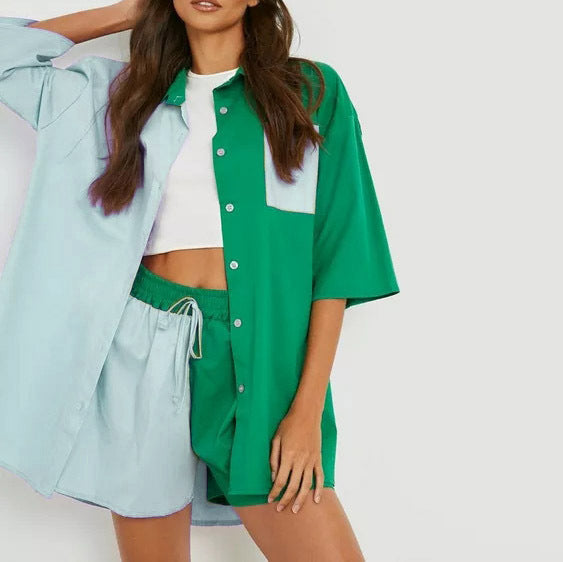 Spring Summer Set Color Matching Super Half Length Sleeve Shirt Top Elastic Waist Shorts Two Piece Set