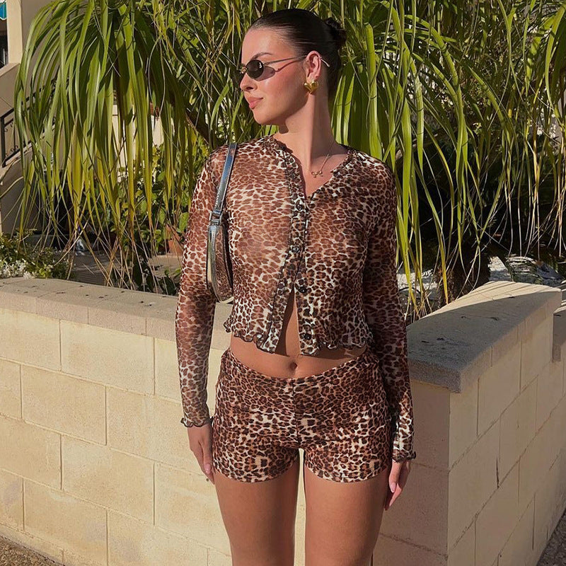 Clothing Autumn Mesh Print Cardigan Bobbi Long Sleeve Top Slim Shorts Suit