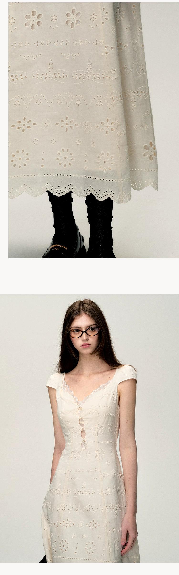 Oakmoo Off-white Cotton Eyelet Lace Sweetheart Dress