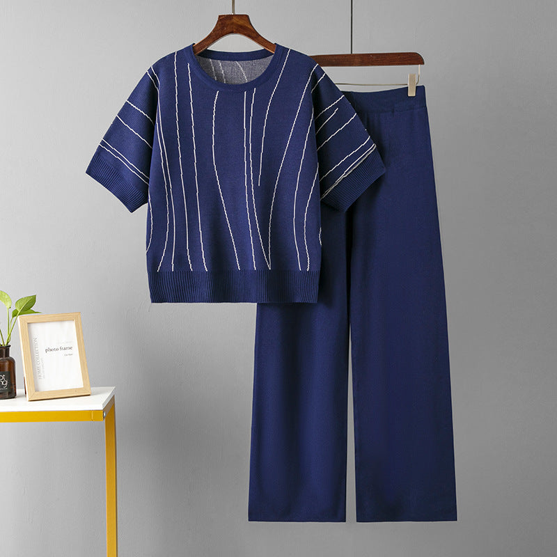 Loose Outfit Batwing Sleeve Summer Slimming Stripes Wide Leg Pants Two Piece Set