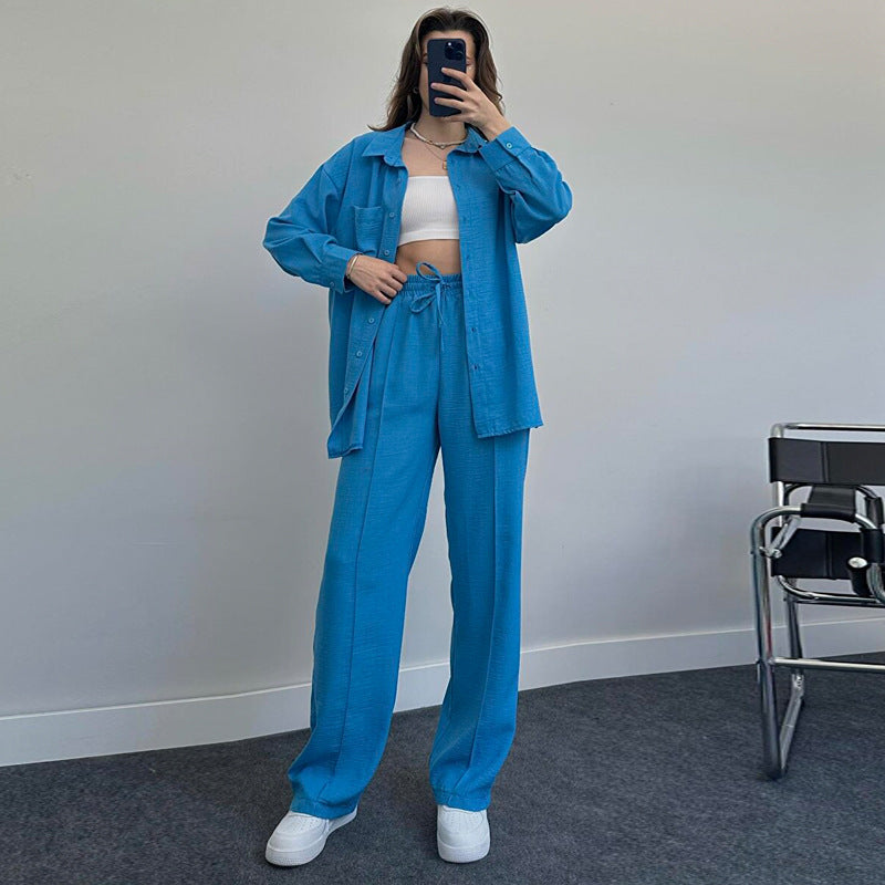 Suit Autumn Winter Long Sleeved Shirt Pleated Elastic Waist Pants Two Piece Set