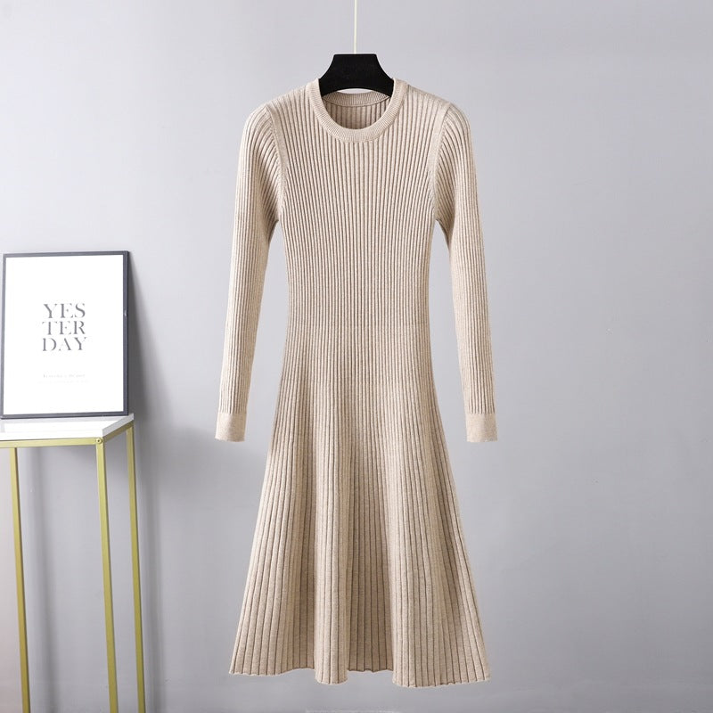 Fall Winter Slim Dress Mid Length Dress Round Neck Color Inner Wear Base Sweater Dress a Line Dress