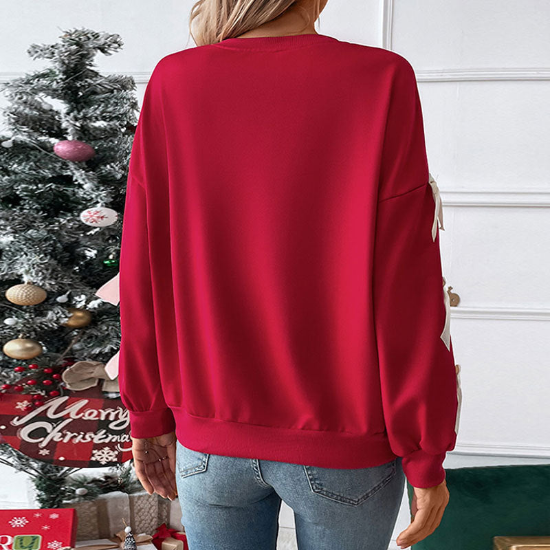 Autumn Winter Top Round Neck Bowknot Red Christmas Sweatshirt for
