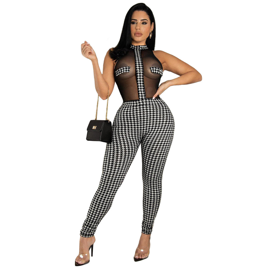 Clothing Summer Club Sleeveless Houndstooth Knitting Threads See-through Jumpsuit