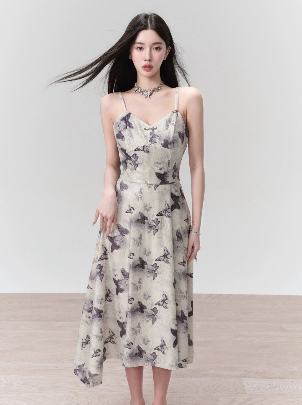 Butterfly Print Spaghetti Strap Dress With Ruffle Hem