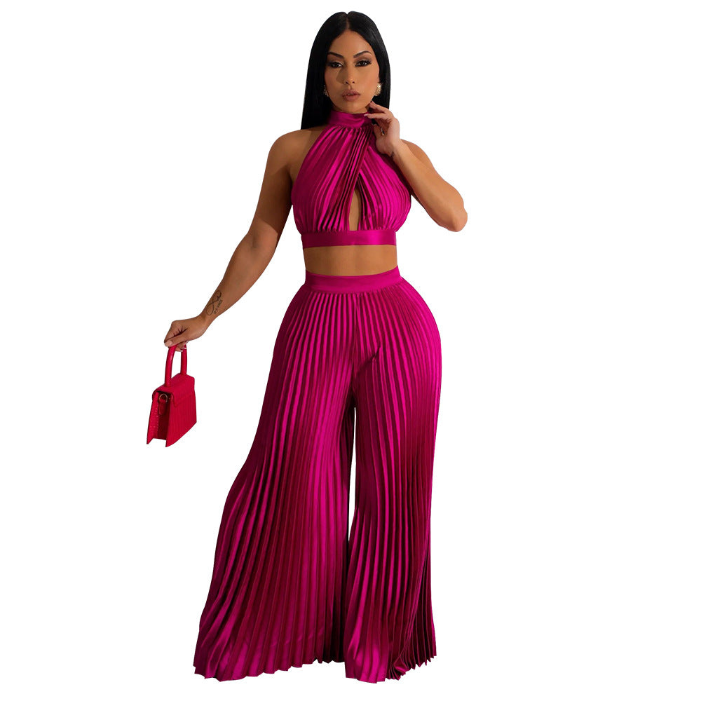 Clothing Halter Backless Artificial Silk Pleated Wide Leg Pants Two Piece Set