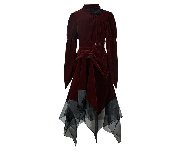 Ladyghost Gothic Victorian Maxi Dress - Burgundy Velvet and Black Mesh Layered Gown With Corset Belt