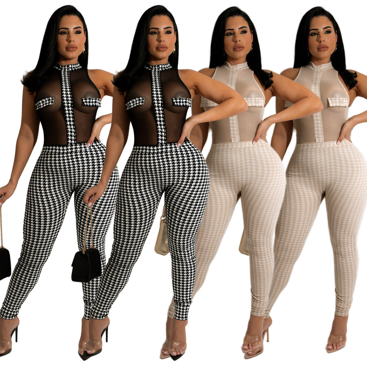 Clothing Summer Club Sleeveless Houndstooth Knitting Threads See-through Jumpsuit