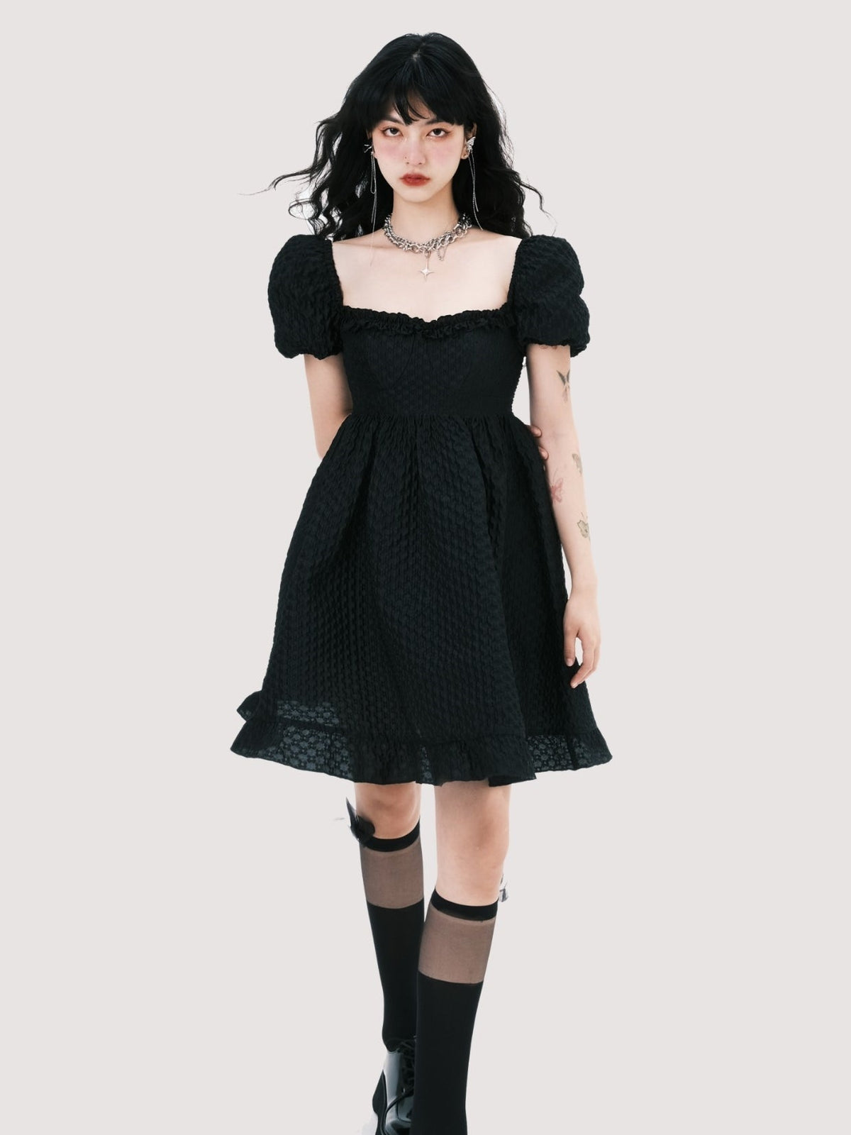 Square Neck Puff Sleeve Jacquard Dress