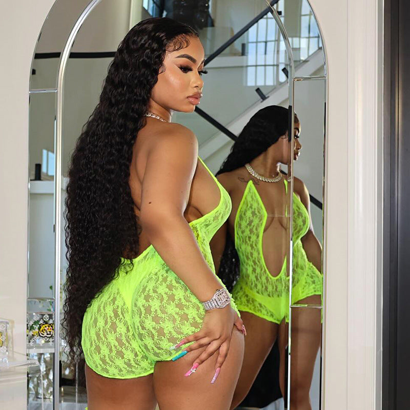 Clothing Summer Lace Hollow Out Cutout Out See Through Halter Bare Back Romper