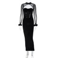 Winter Clothing Plush Mesh Stitching Night Club Hollow Out Cutout Maxi Dress Slim Dress