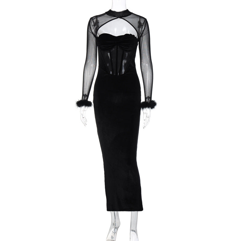 Winter Clothing Plush Mesh Stitching Night Club Hollow Out Cutout Maxi Dress Slim Dress