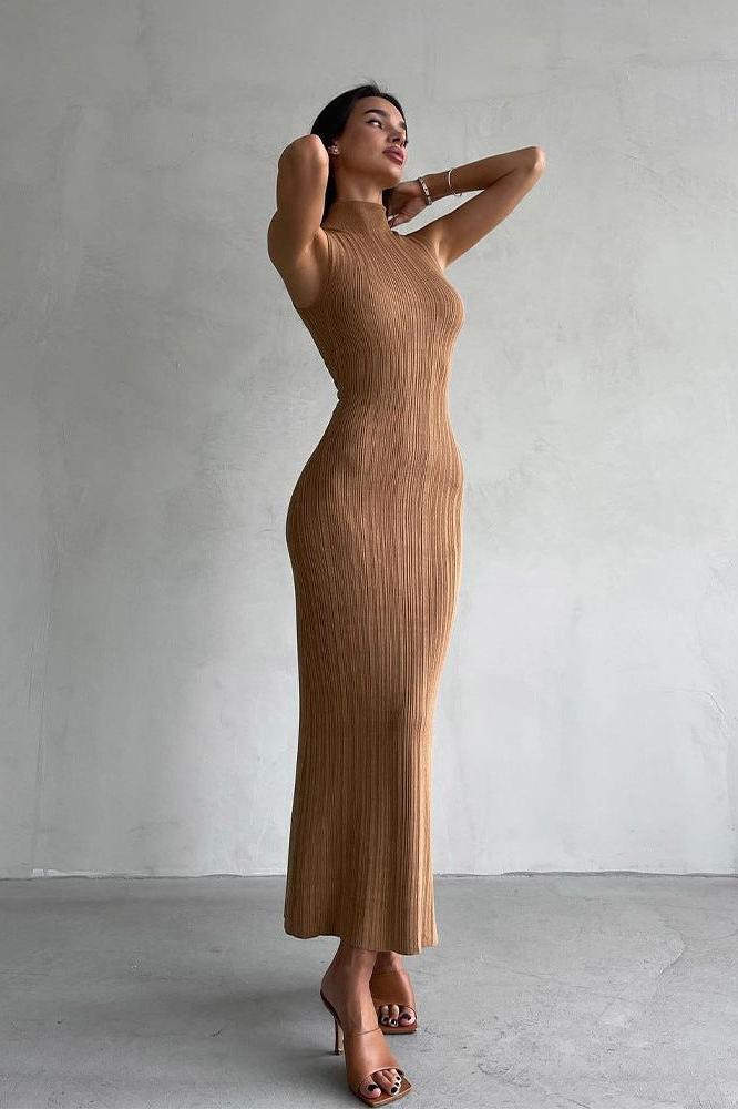 Knitted Turtleneck Sleeveless Slim Maxi Dress