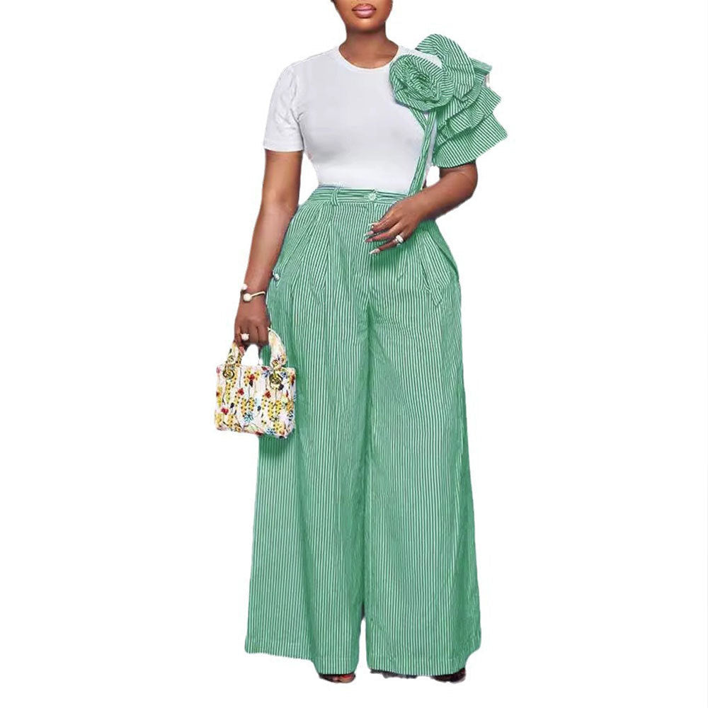 Round Neck Short Sleeve Striped Contrast Color Wide Leg Pants Two Piece Sets