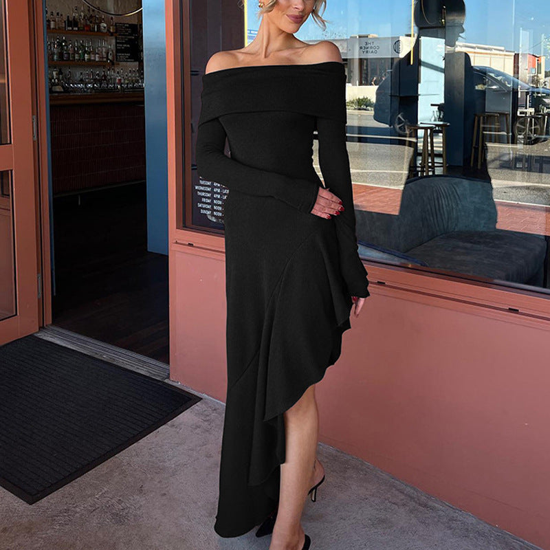 Off-shoulder Irregular Ruffled Slim Long Dress