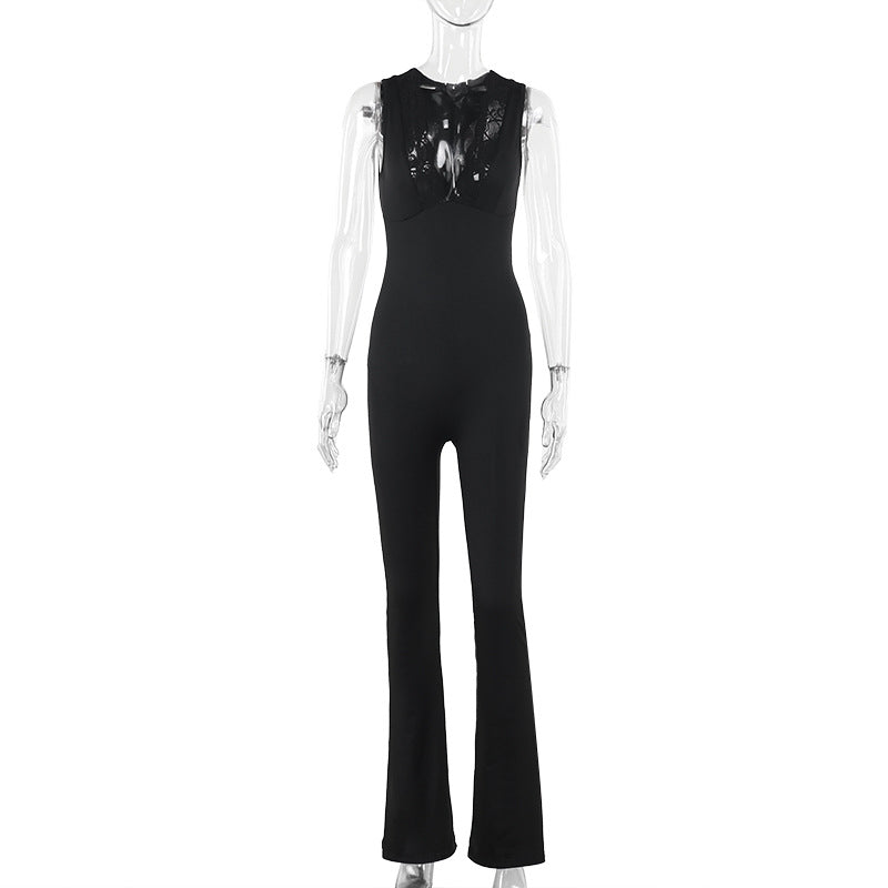Fall Street V Neck Lace One Piece Bell Bottom Pants