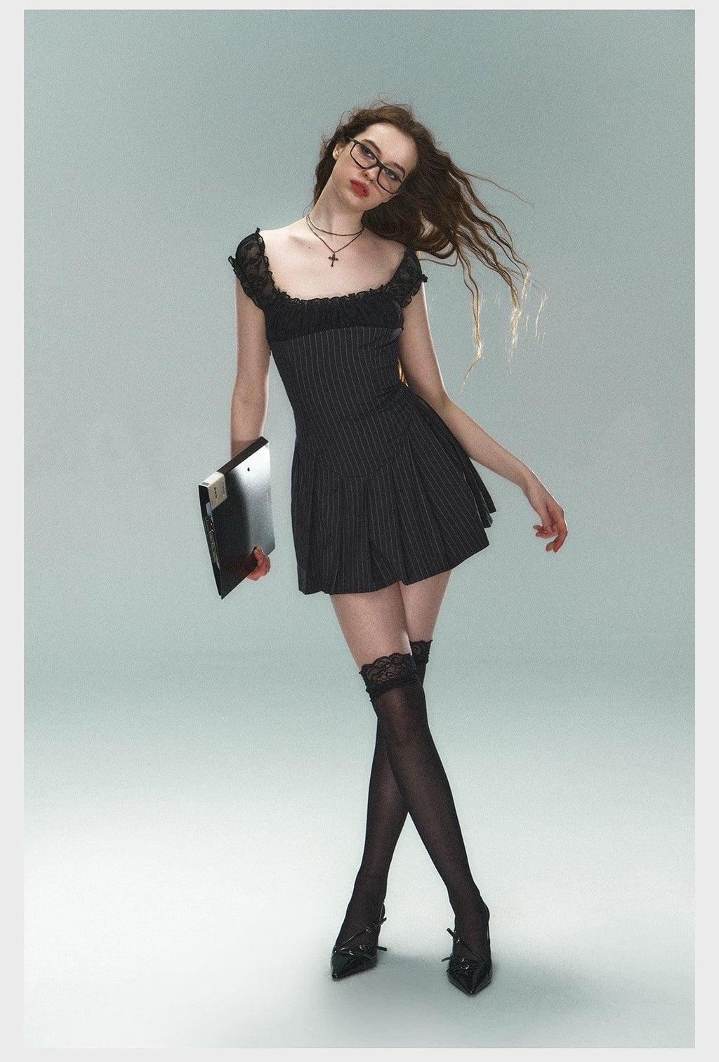 Pinstripe Lace-trim Mini Dress - Cap Sleeve Square Neck Fit and Flare Cocktail Dress