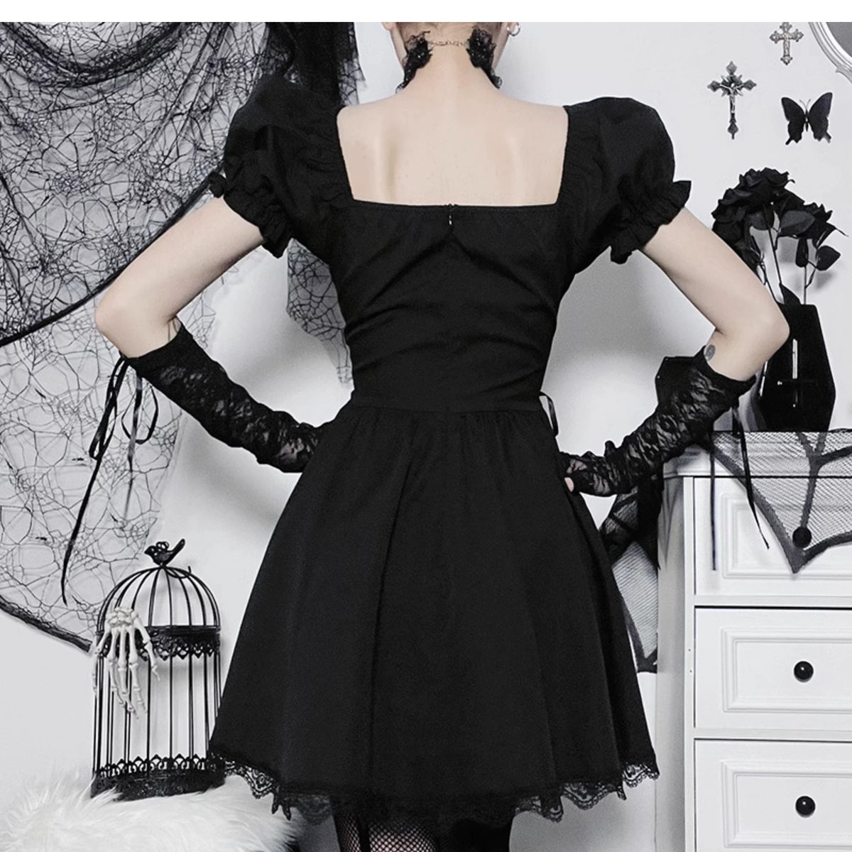 Wannathis Gothic Lolita Dress Set - Black Corset Mini Dress With Lace Bolero and Gloves