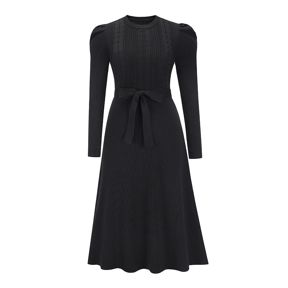 Autumn Winter Bubble Long Sleeve Knitted Dress Mid-length Slimming High Waist Big Swing Dress Base Sweater Dress