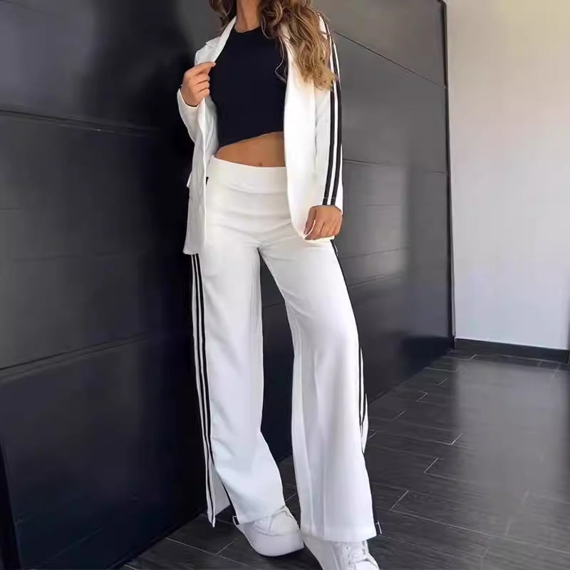 Autumn Winter Polo Collar Suit Wide Leg Pants Two Piece Suit