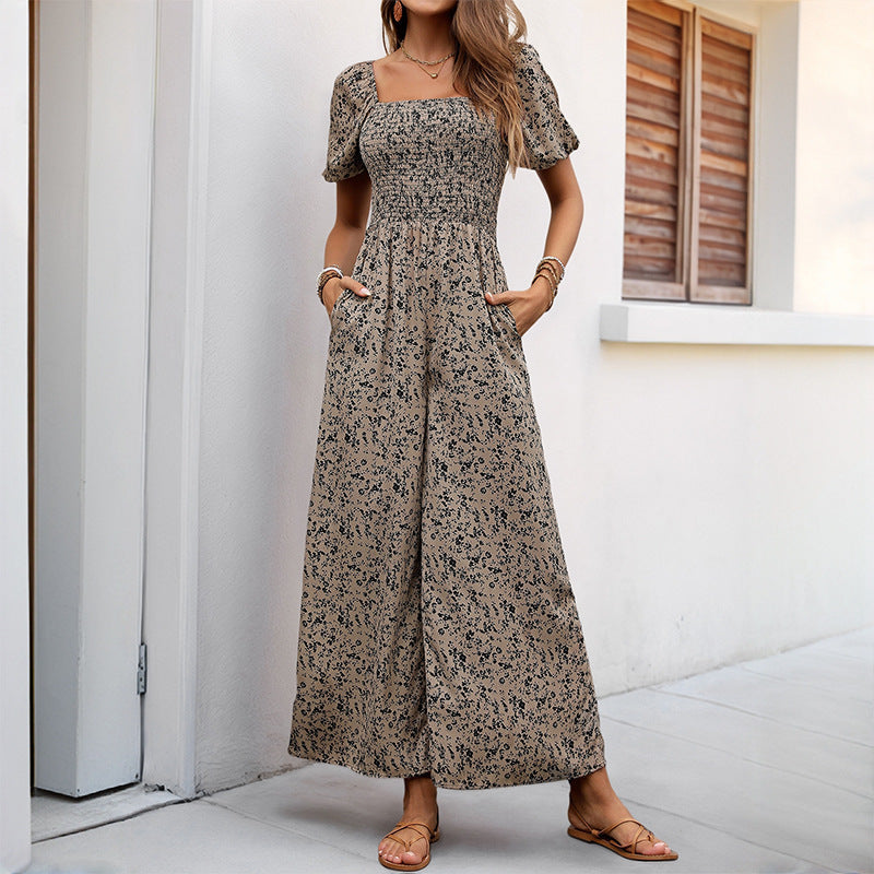 Summer Jumpsuit Square Collar Puff Sleeve Wide Leg Pants Printed Jumpsuit