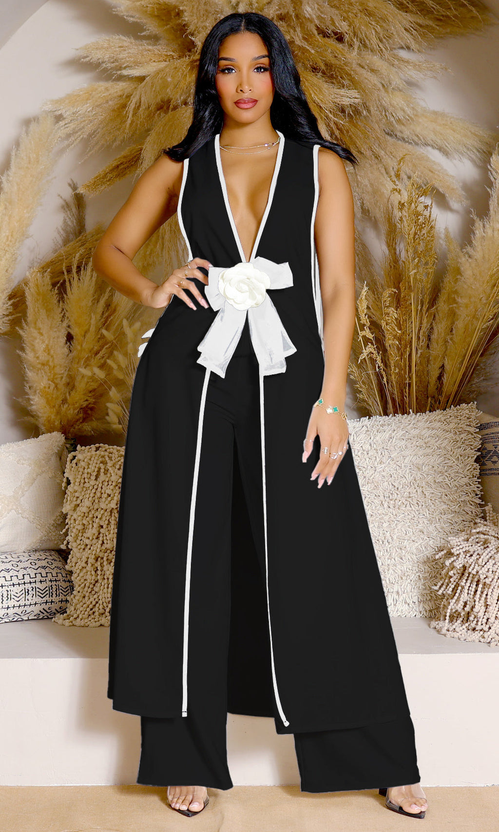 Camellia Bow Sleeveless Long Vest Wide Leg Pants Set