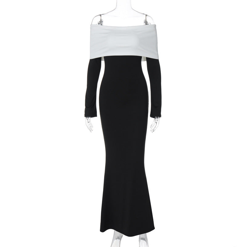 Clothing Autumn Winter Contrast Color Off Shoulder Long Sleeve Waist Slimming Maxi Dress