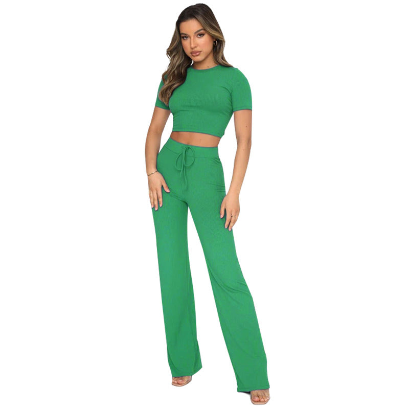 Set Color High-elastic Body Shaping Short Sleeve Sunken Stripe Wide Leg Pants Two-piece Set