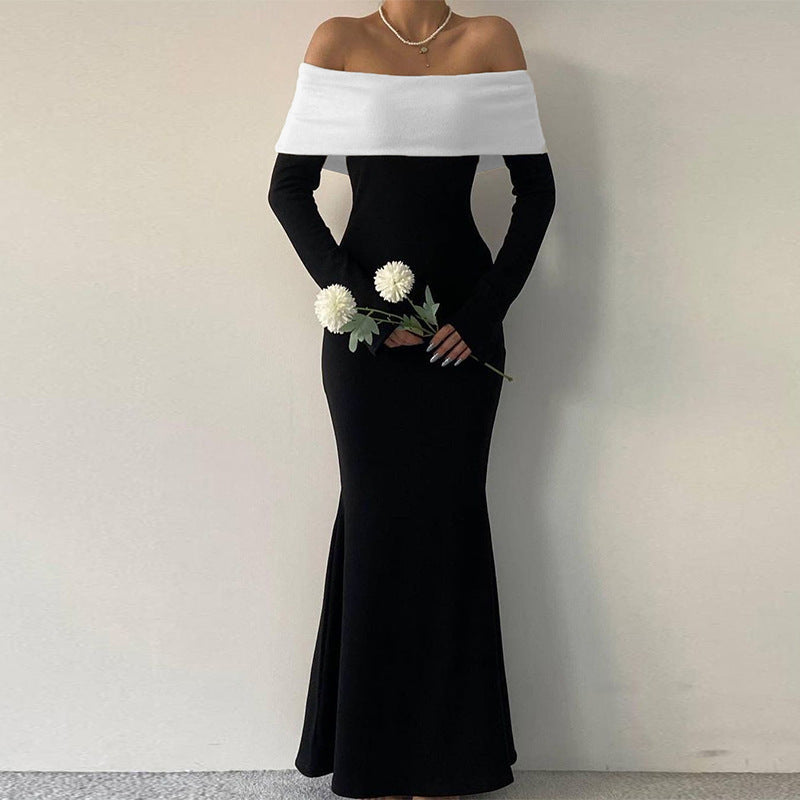 Clothing Autumn Winter Contrast Color Off Shoulder Long Sleeve Waist Slimming Maxi Dress