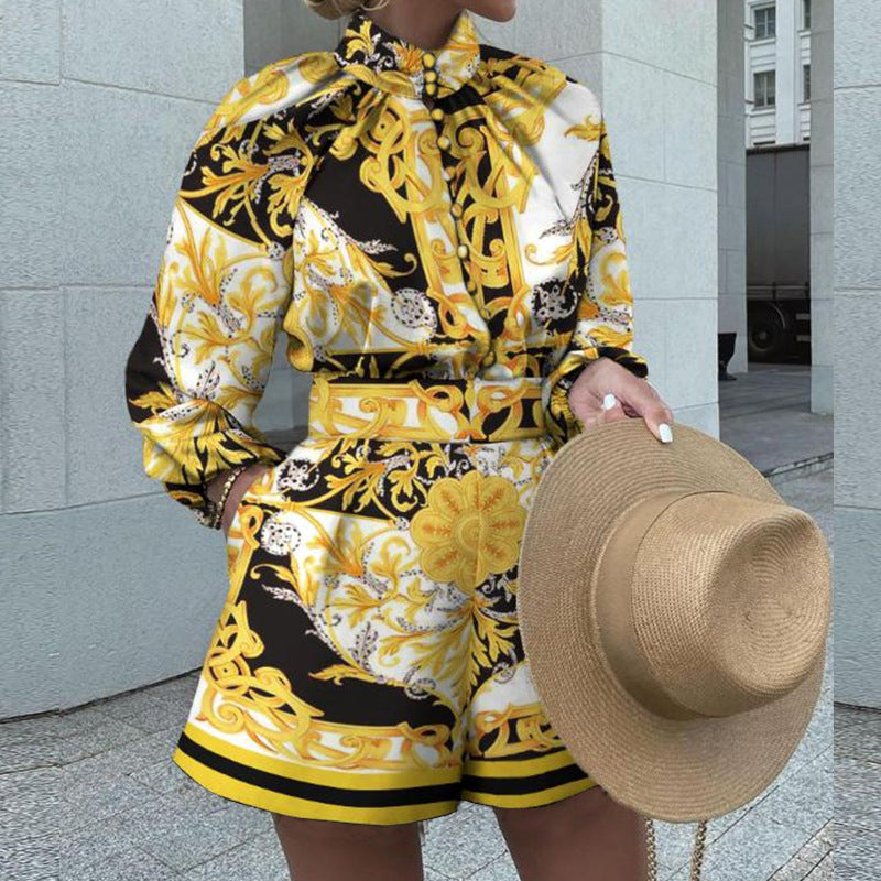 Autumn Winter Clothing Printed Long-sleeved Top Shorts Suit Two-piece Set