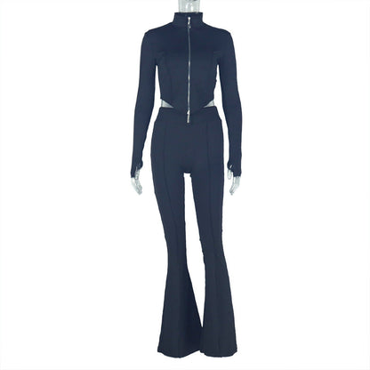 Slim Fit Pleated Zipper Color Cropped Blouse Pants Long Sleeve Stand Collar Loose Trousers Two Piece Set