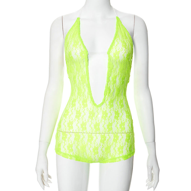 Clothing Summer Lace Hollow Out Cutout Out See Through Halter Bare Back Romper
