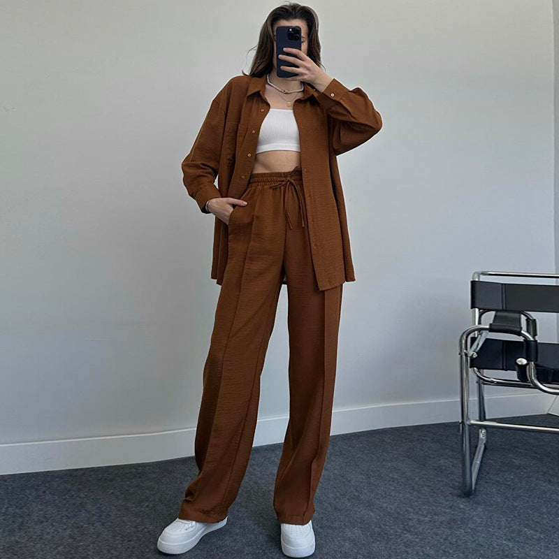 Suit Autumn Winter Long Sleeved Shirt Pleated Elastic Waist Pants Two Piece Set