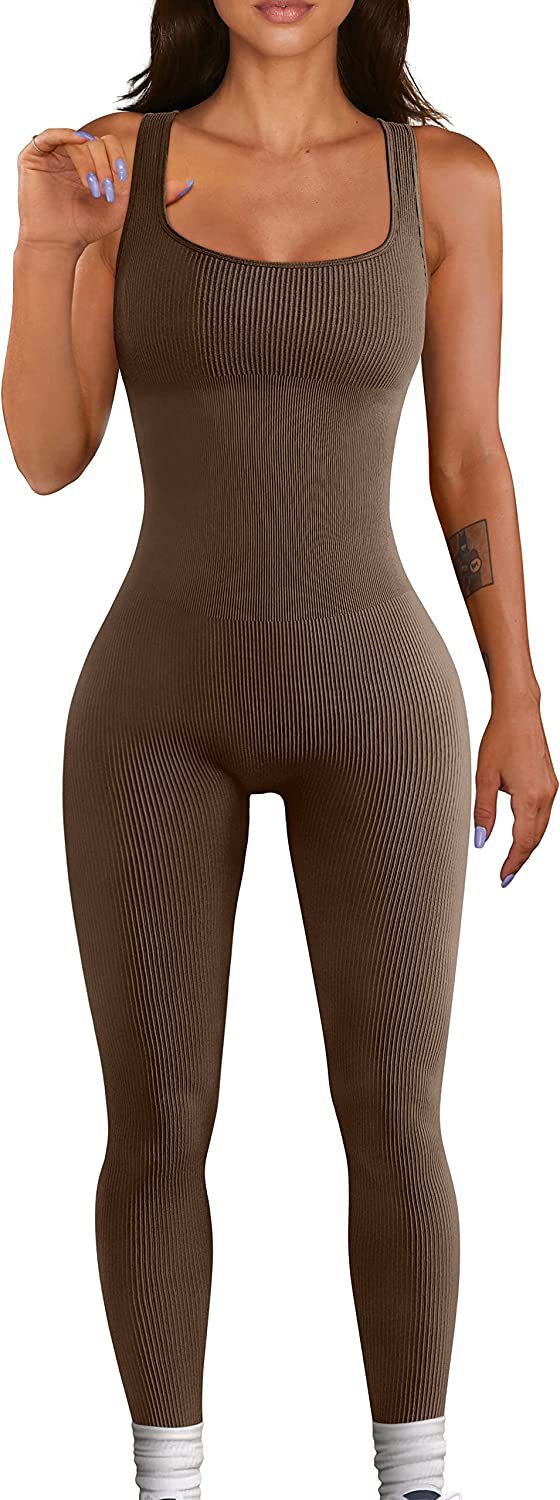 Summer Yoga Jumpsuit Ribbed Square Collar Sleeveless Sports Jumpsuit Trousers