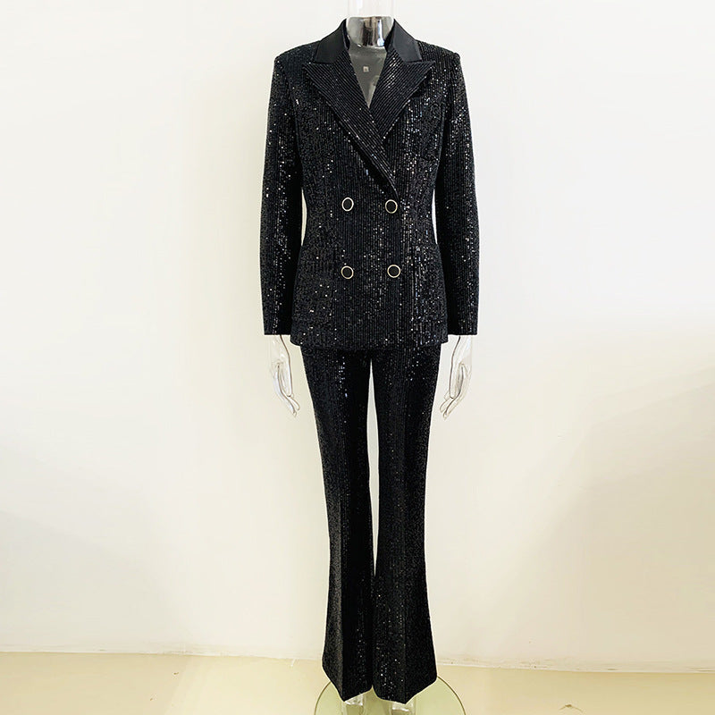 Goods Gold Velvet Sequined Double Breasted Blazer Slim Fit Skinny Pants Set