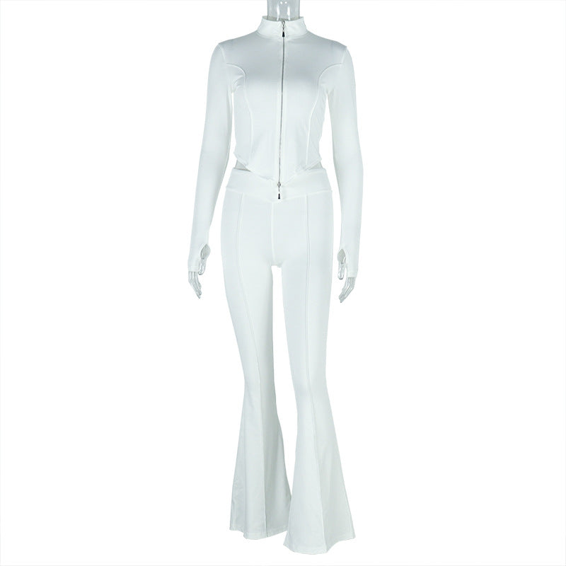 Slim Fit Pleated Zipper Color Cropped Blouse Pants Long Sleeve Stand Collar Loose Trousers Two Piece Set