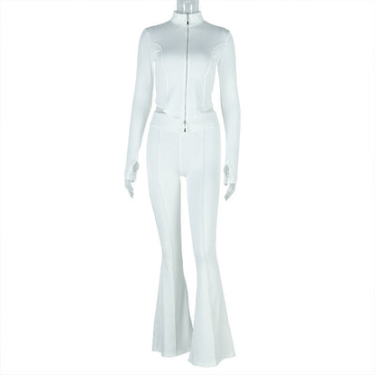 Slim Fit Pleated Zipper Color Cropped Blouse Pants Long Sleeve Stand Collar Loose Trousers Two Piece Set