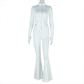 Slim Fit Pleated Zipper Color Cropped Blouse Pants Long Sleeve Stand Collar Loose Trousers Two Piece Set