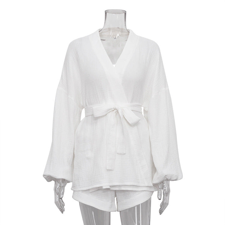 Summer White Lace-up Fashionable Top Loose High Waist Shorts Two-piece Set
