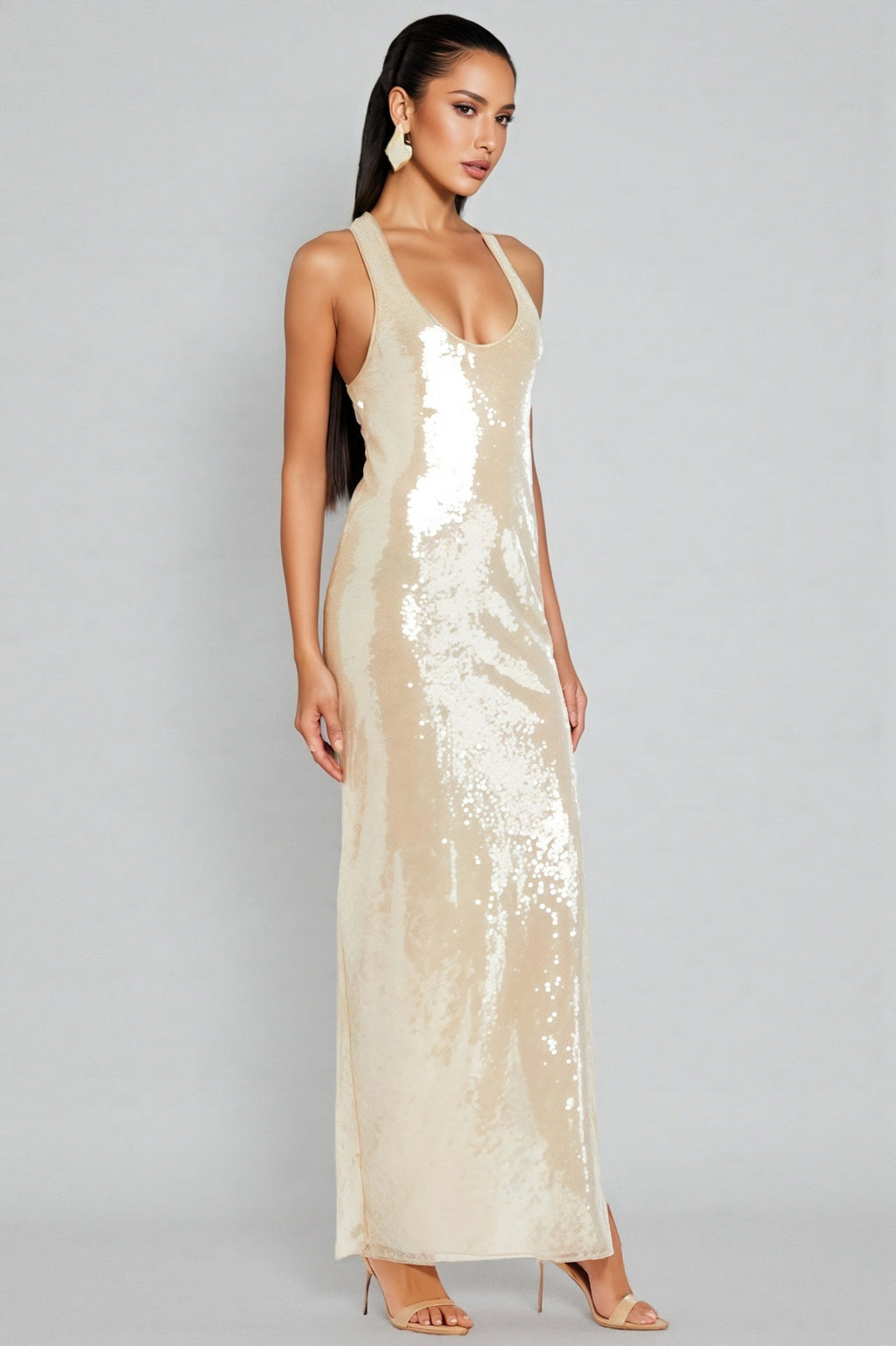 Jorvika Sleeveless U Neck Sequin Maxi Dress