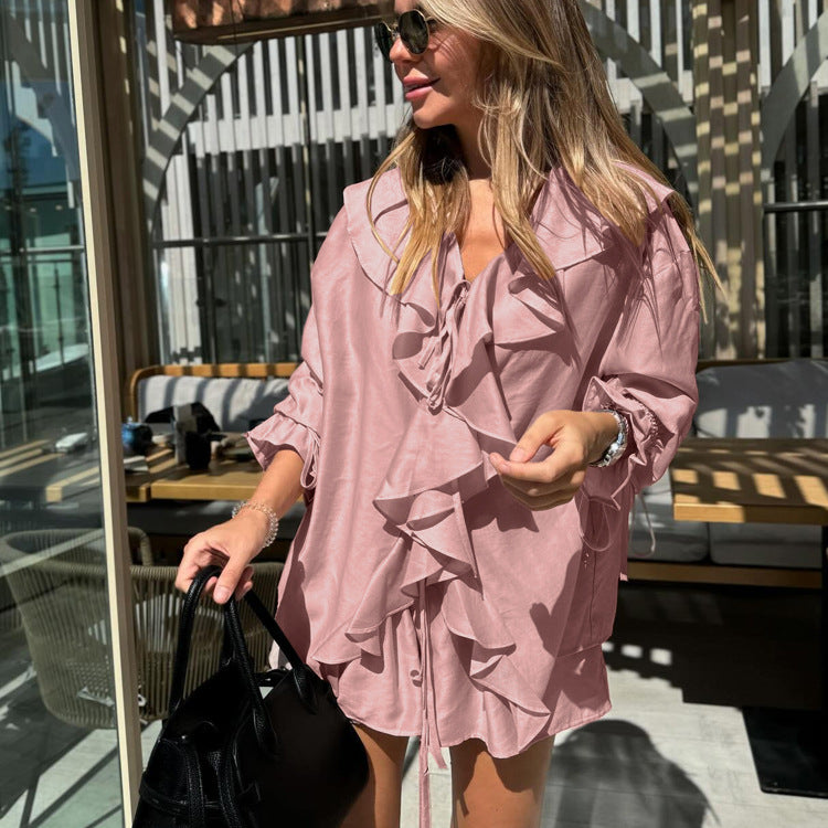 French Design Bell Sleeve Loose Top Shorts Two Piece Set