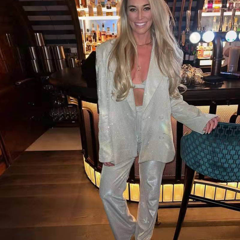 Spring Summer Shiny Blazer Underwear Straight-leg Pants Suit