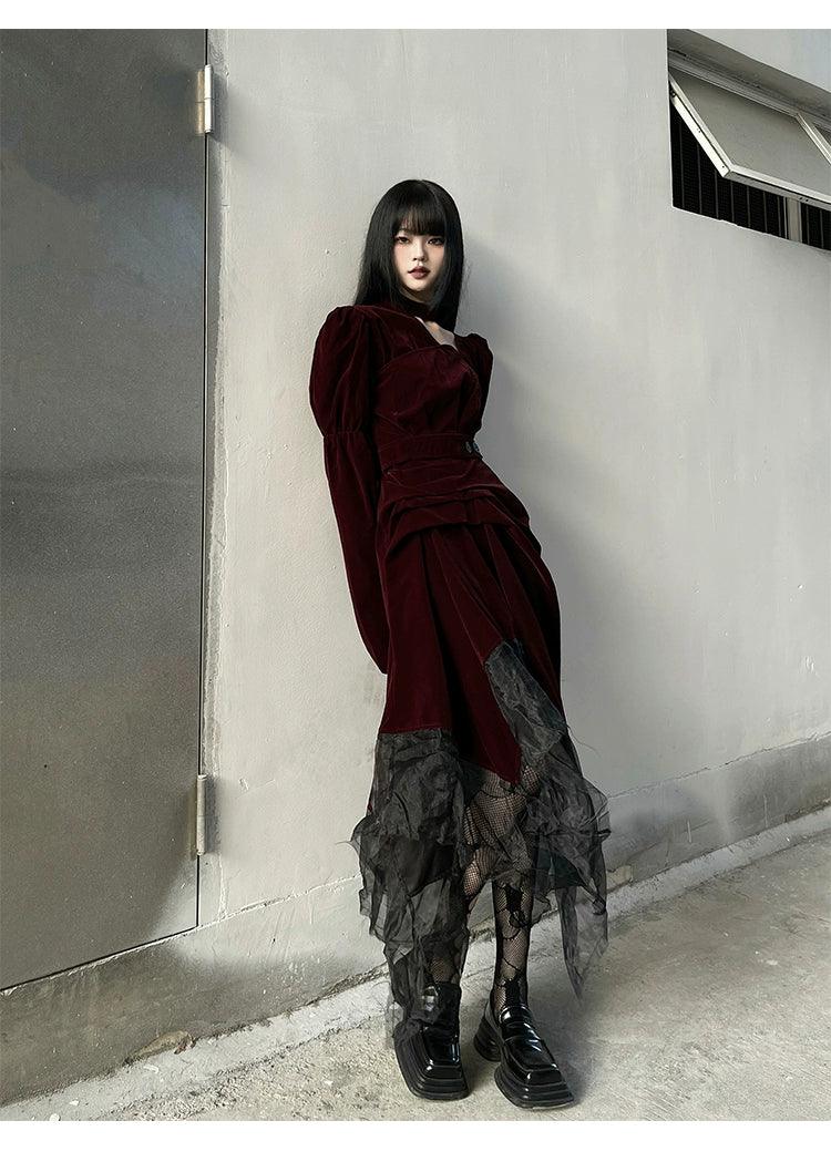 Ladyghost Gothic Victorian Maxi Dress - Burgundy Velvet and Black Mesh Layered Gown With Corset Belt