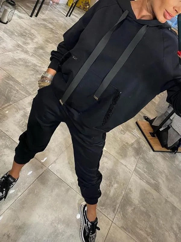 Sequin Pocket Sports Hooded Sweatshirt Sweatpants Suit