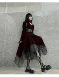 Ladyghost Gothic Victorian Maxi Dress - Burgundy Velvet and Black Mesh Layered Gown With Corset Belt