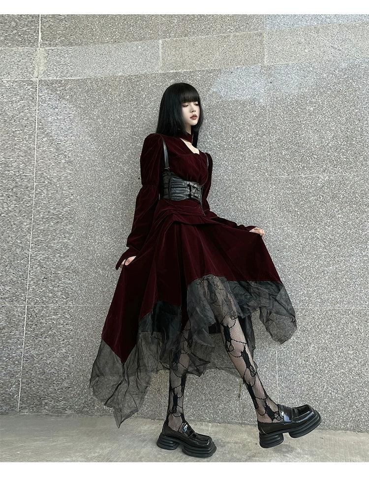 Ladyghost Gothic Victorian Maxi Dress - Burgundy Velvet and Black Mesh Layered Gown With Corset Belt