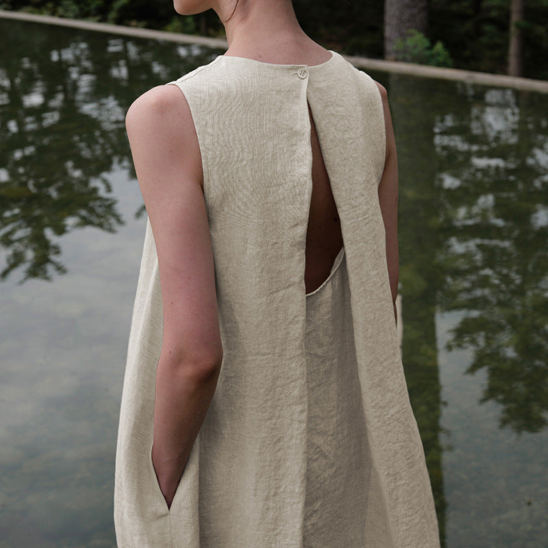 Cotton Linen Maxi Dress Summer French Pastoral Sleeveless Backless Hollow Out Cutout Niche Loose Maxi Dress